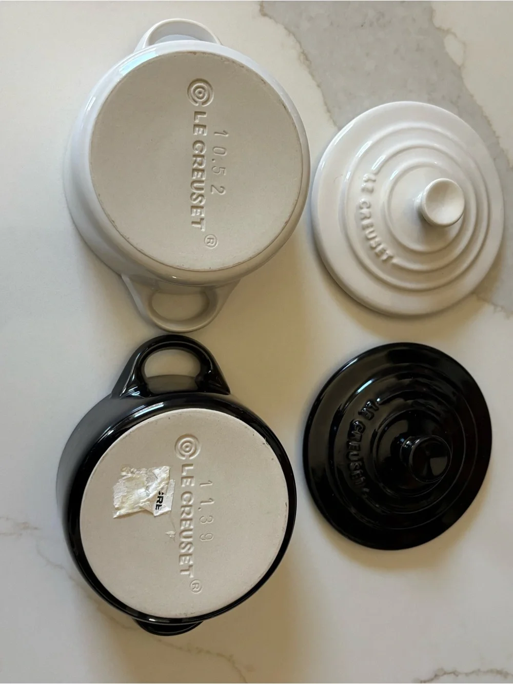 Le Creuset Ceramic Mini Cocotte Pair in White and Black EUC